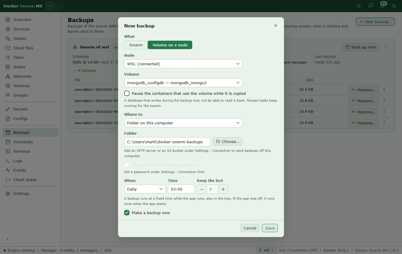 Screenshot: The dialog New backup with Volume on a node chosen: the node WSL, a volume of mongodb_mongo3, the option to pause its containers while it is copied, a folder on this computer, daily at 03:00, keep the last 7.
