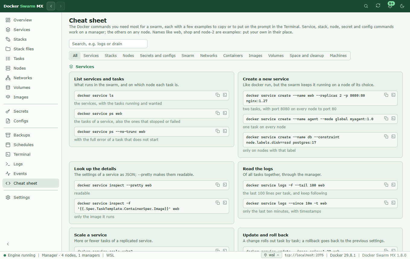 Screenshot: The cheat sheet with its topics (services, stacks, nodes, secrets and configs, swarm, networks, containers, images, volumes, space and cleanup, machines) and the commands for services, each with a button to copy and one to put it on the prompt.