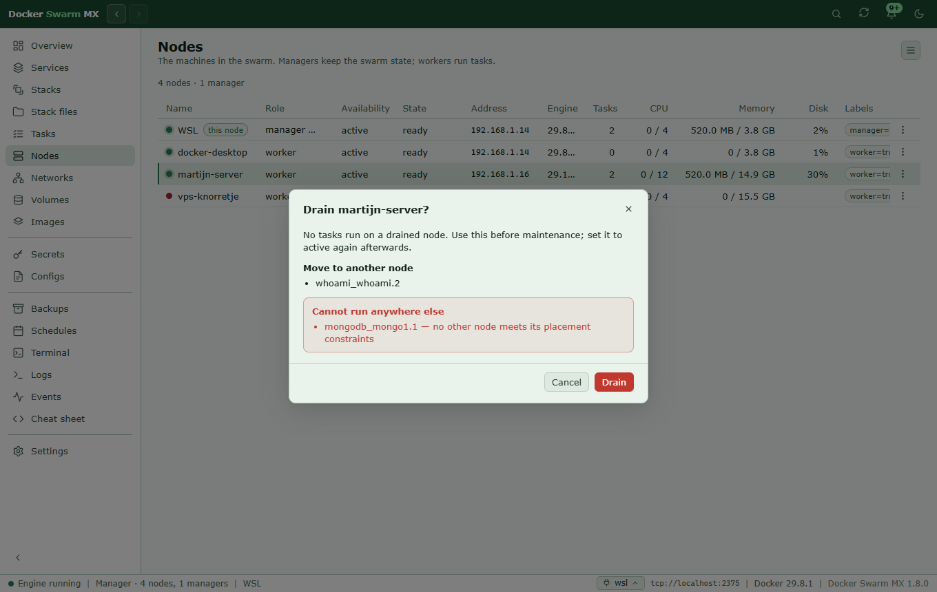 Screenshot: The dialog Drain martijn-server: whoami_whoami.2 moves to another node, and mongodb_mongo1.1 cannot run anywhere else because no other node meets its placement constraints.