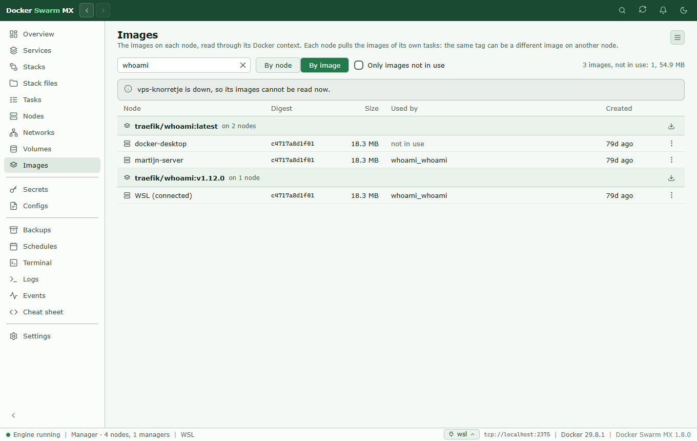 Screenshot: The Images page grouped by image and searched for whoami: traefik/whoami:latest on docker-desktop, not in use, and on martijn-server for whoami_whoami, and traefik/whoami:v1.12.0 on WSL for whoami_whoami, all with the same digest, and the note that vps-knorretje is down so its images cannot be read now.