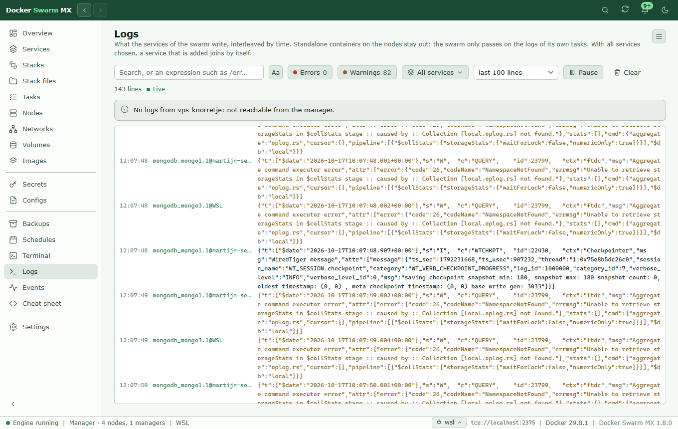 Screenshot: The Logs page with all services chosen: the lines of the MongoDB members on WSL and martijn-server interleaved by time, a note that vps-knorretje cannot be reached, and the search box, Errors 0, Warnings 82, the choice of services and the number of lines.