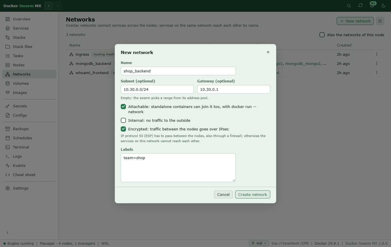 Screenshot: The dialog New network over the Networks page: shop_backend with subnet 10.30.0.0/24 and gateway 10.30.0.1, attachable and encrypted, with the note that IP protocol 50 (ESP) has to pass between the nodes, and the label team=shop.
