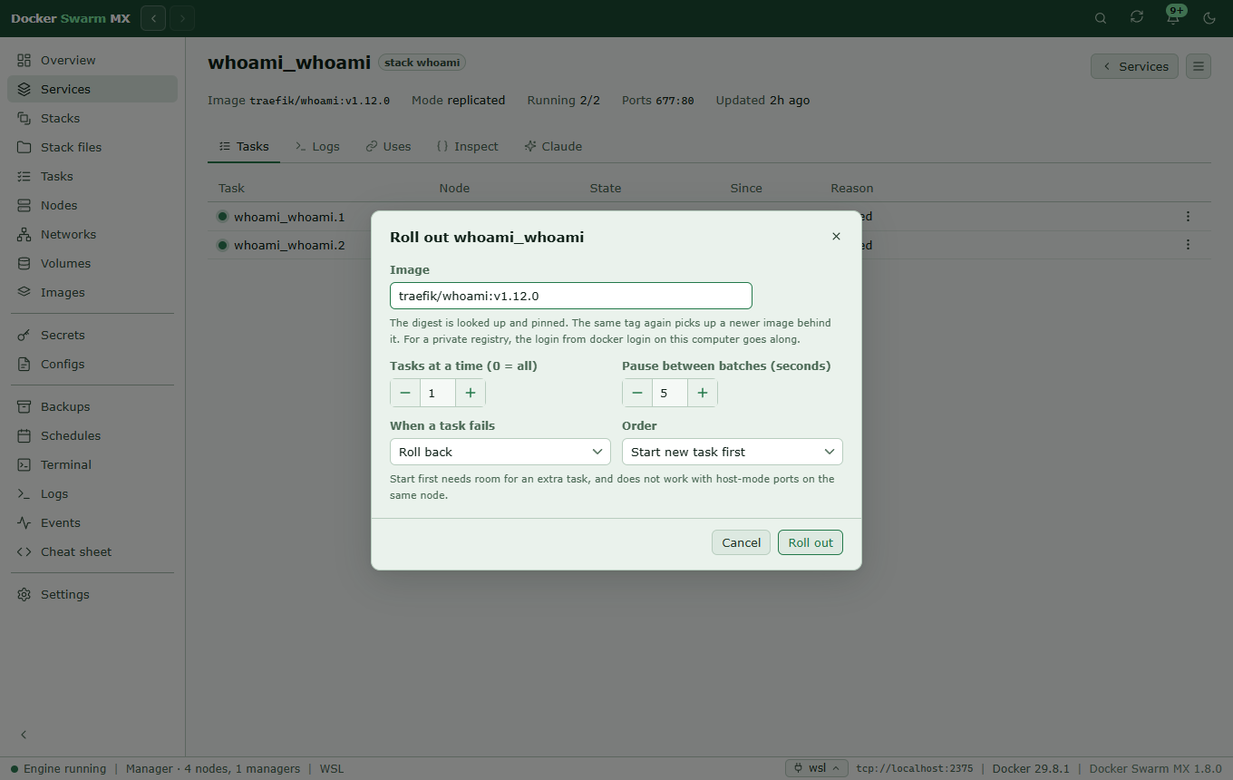Screenshot: The dialog Roll out whoami_whoami with the image traefik/whoami:v1.12.0, one task at a time, five seconds between batches, roll back when a task fails, and start the new task first.