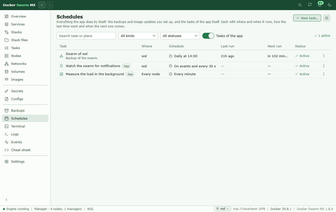 Screenshot: The Schedules page with a daily backup of the swarm at 14:00, and the tasks of the app itself: watching the swarm for notifications, and measuring the load every minute on every node.