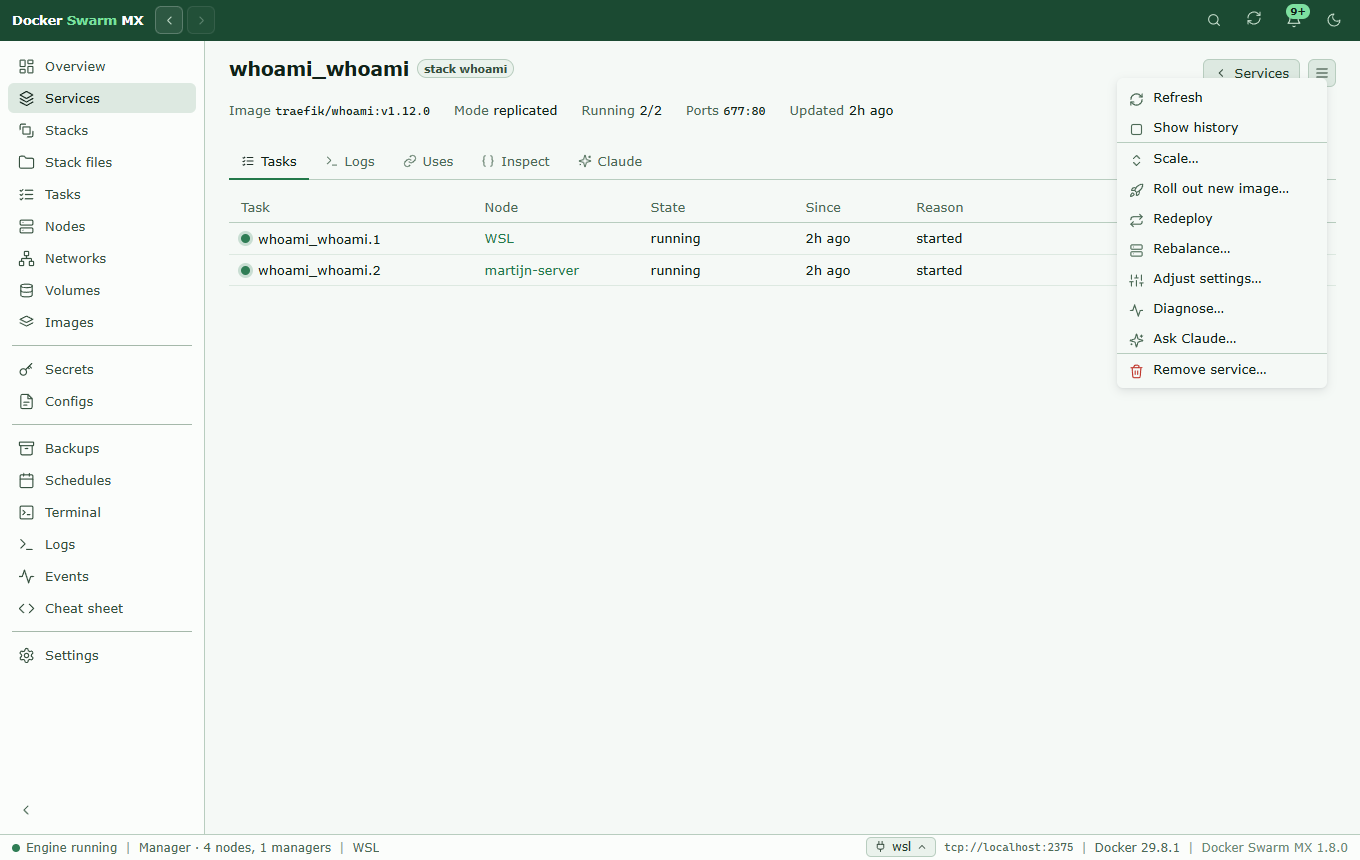 Screenshot: The page of the service whoami_whoami with its two tasks on WSL and martijn-server, the tabs Tasks, Logs, Uses, Inspect and Claude, and its menu open: Scale, Roll out new image, Redeploy, Rebalance, Adjust settings, Diagnose, Ask Claude and Remove service.