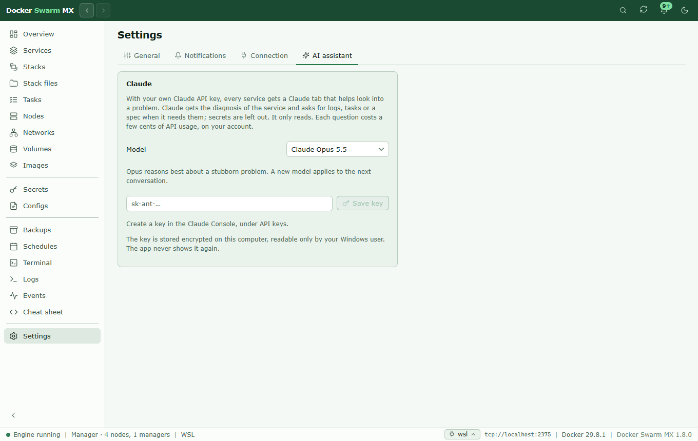 Screenshot: Settings › AI assistant: the model Claude Opus 5.5, a field for the API key with Save key, and the notes that the key is stored encrypted for your Windows user, that Claude only reads and leaves out secrets, and that each question costs a few cents on your account.