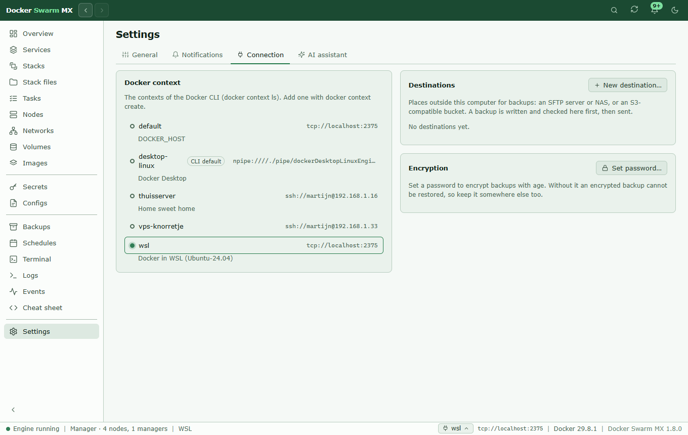 Screenshot: Settings › Connection with the Docker contexts on this computer (default, desktop-linux, thuisserver, vps-knorretje over SSH and wsl, the active one), and the destinations and encryption for backups.