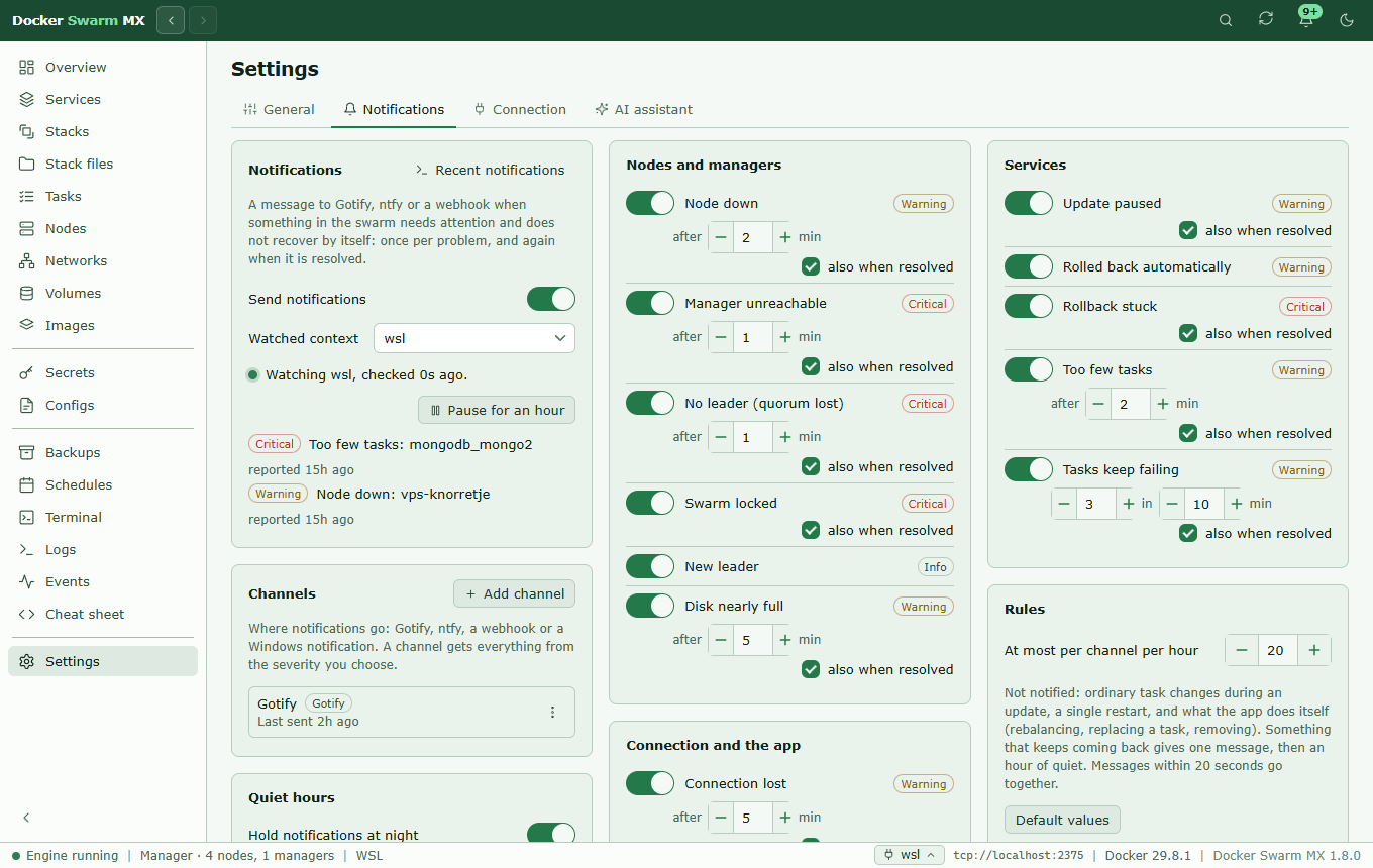 Screenshot: Settings › Notifications: sending notifications for the context wsl, with the two open problems (too few tasks of mongodb_mongo2, vps-knorretje down), a Gotify channel, quiet hours at night, and the problems grouped (nodes and managers, services, the connection and the app), each with a waiting time and whether to say when it is resolved, and at most 20 notifications per channel per hour.