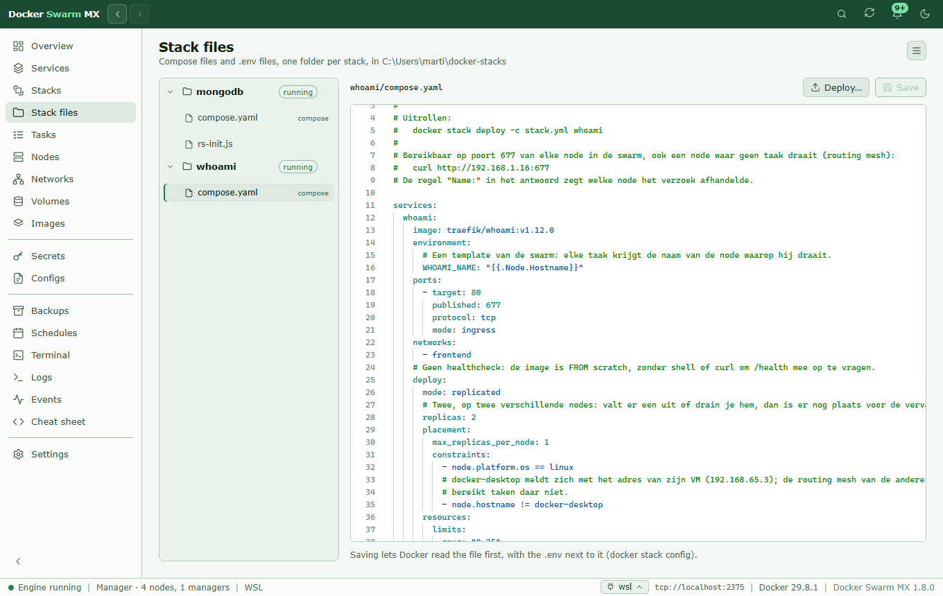 Screenshot: The Stack files page with the folders mongodb and whoami, and the compose.yaml of whoami open in the editor with Deploy and Save above it.