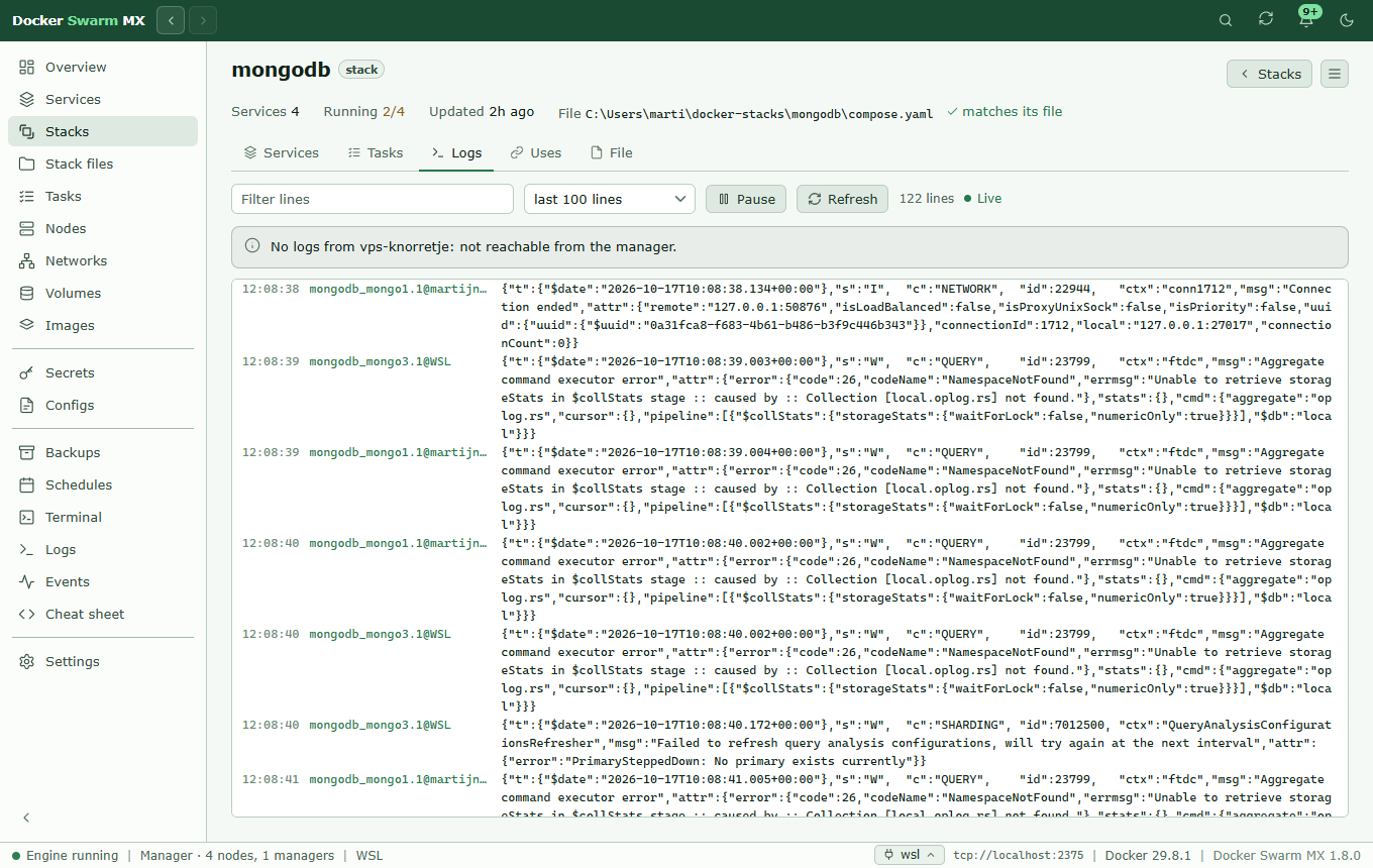 Screenshot: The Logs tab of the mongodb stack: the lines of mongo1 on martijn-server and mongo3 on WSL, merged by time, a note that vps-knorretje cannot be reached, a filter, the number of lines and Live.